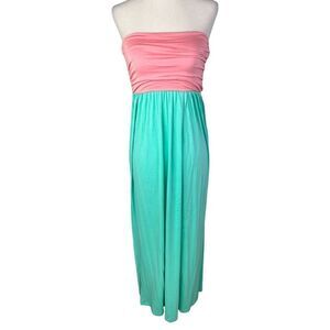 Heart's dress women’s size small maxi pink & green strapless empire waist